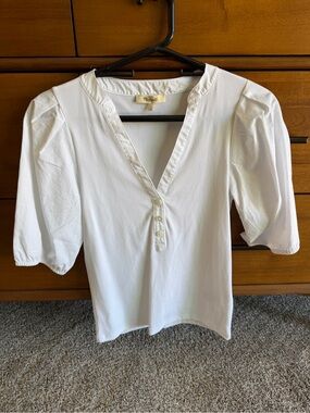 Madewell White V-Neck Puff Sleeve Henley